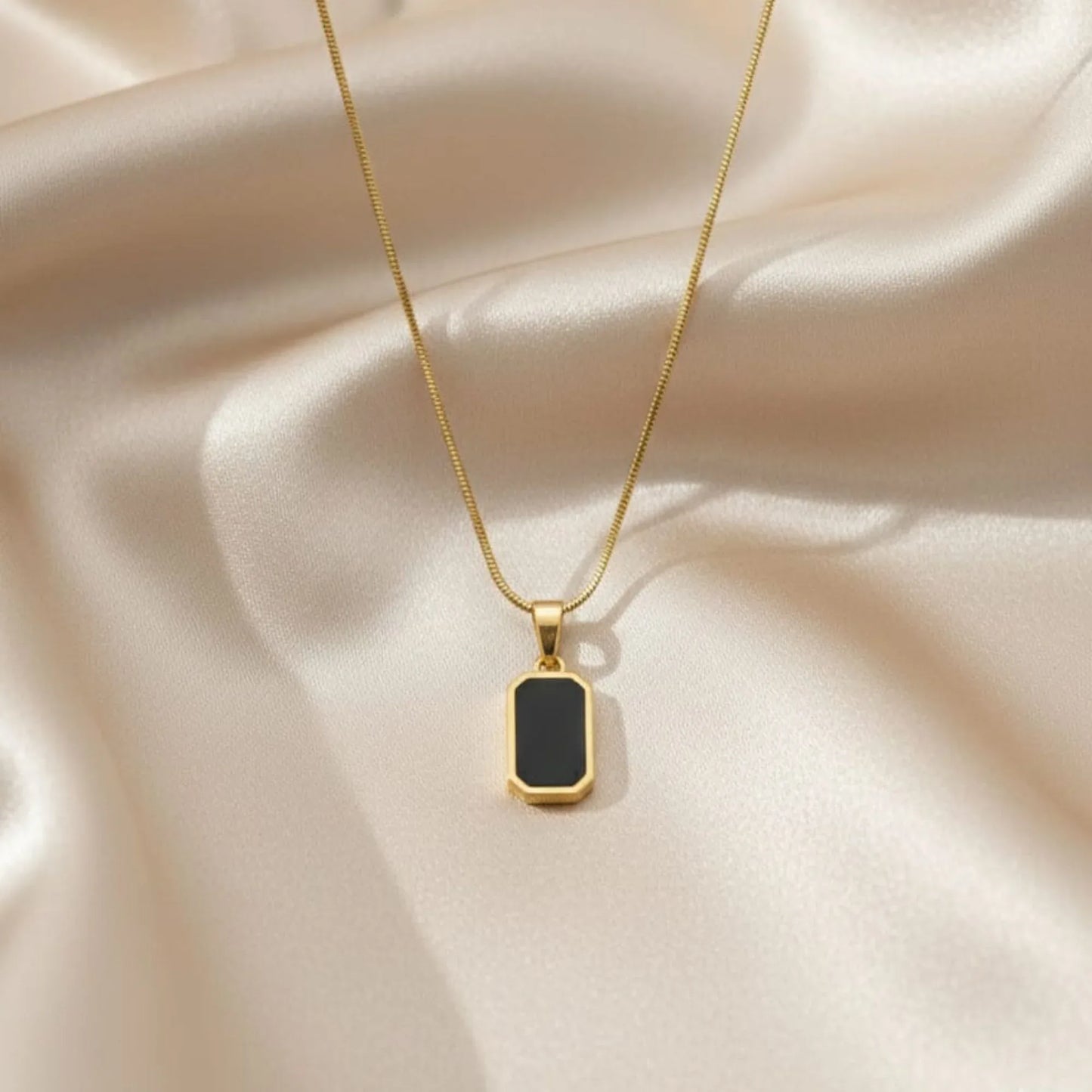 18K Gold Plated Black Enamel Rectangle Pendant Necklace - RACHIVA