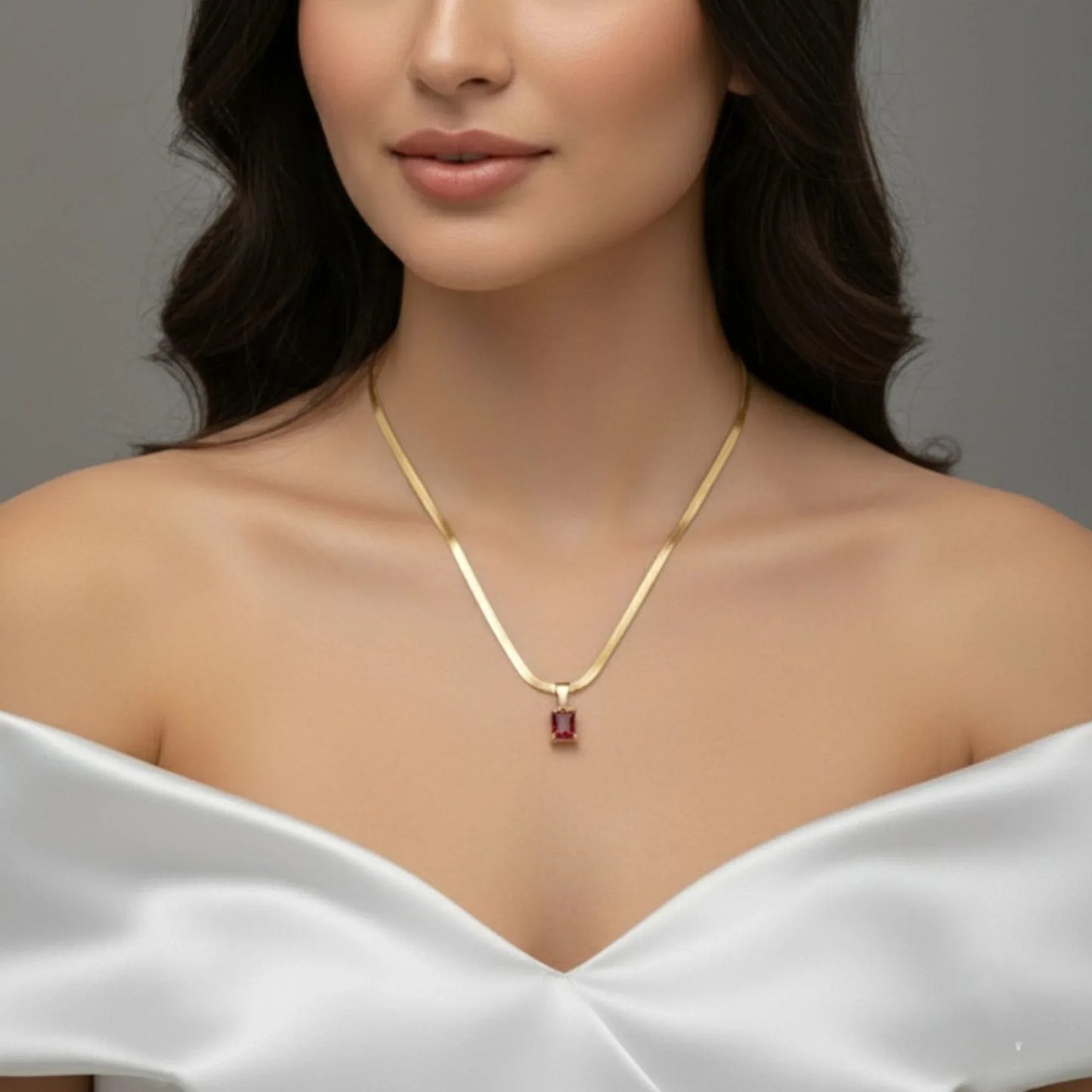 18K Gold Plated Emerald-Cut Red Zircon Pendant Necklace - RACHIVA