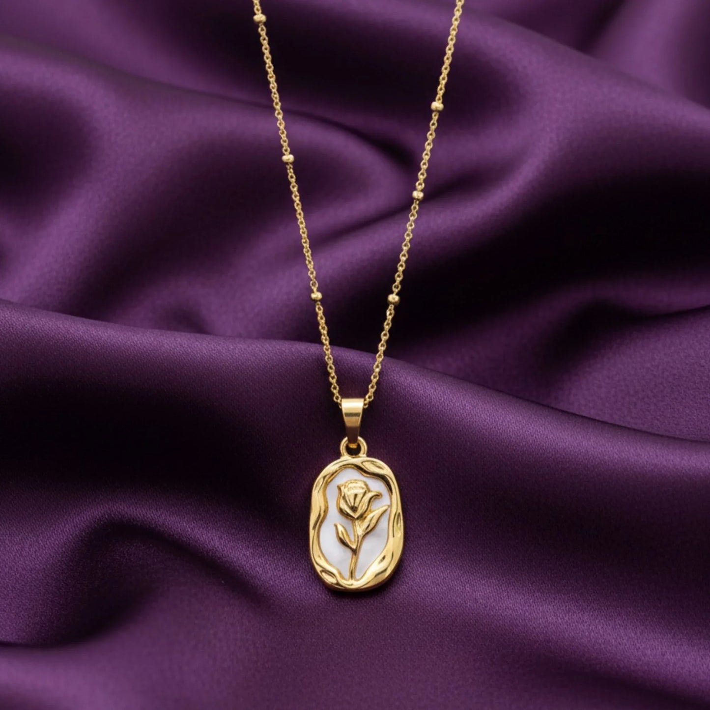 18K Gold Plated Rose Engraved Mother of Pearl Pendant Necklace - RACHIVA