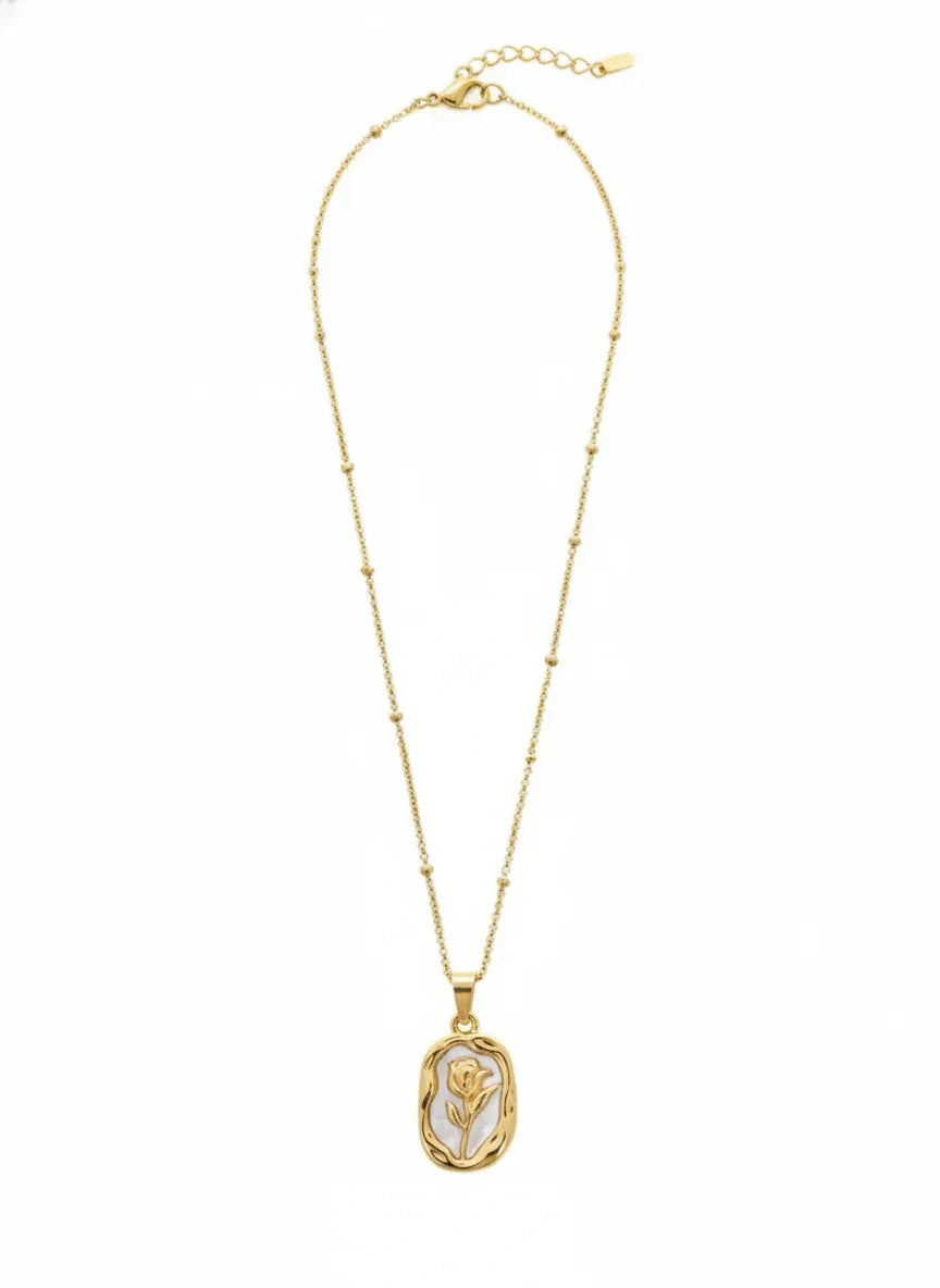18K Gold Plated Rose Engraved Mother of Pearl Pendant Necklace - RACHIVA