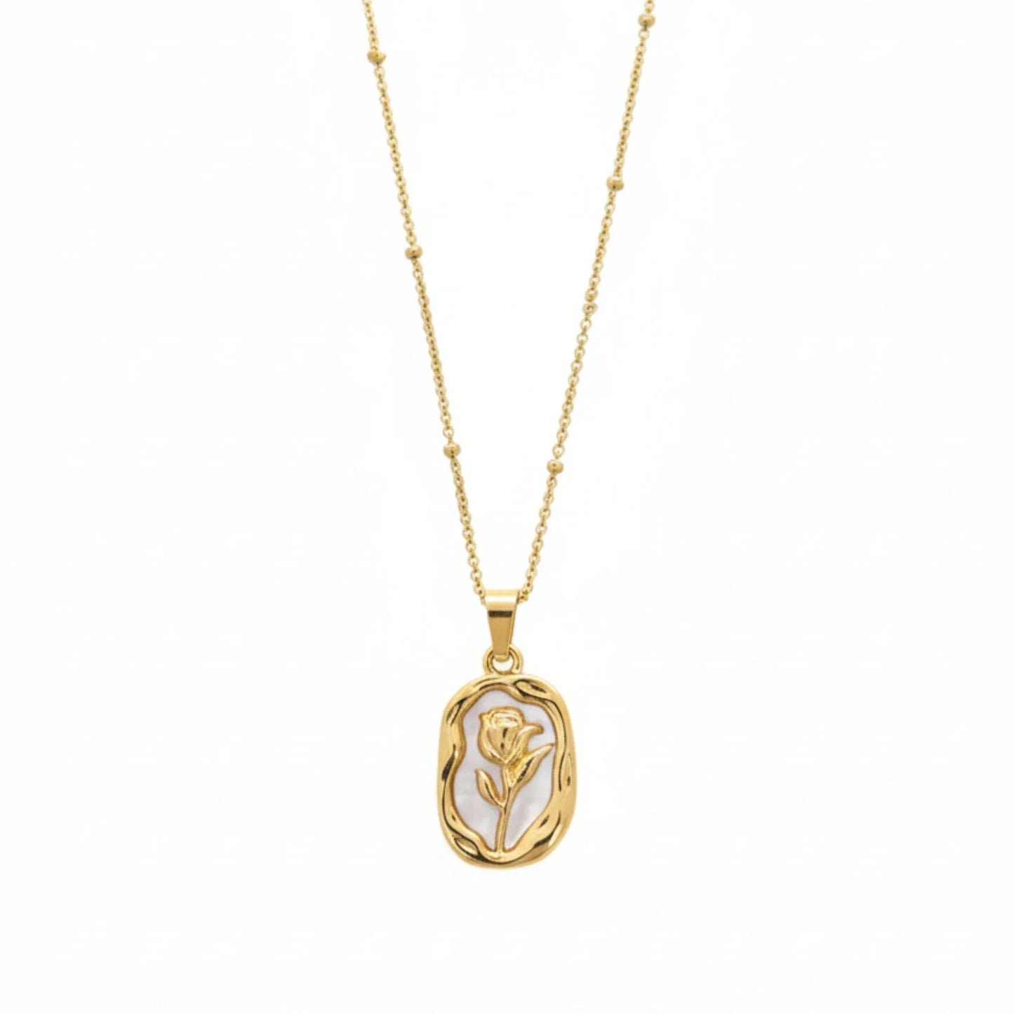 18K Gold Plated Rose Engraved Mother of Pearl Pendant Necklace - RACHIVA