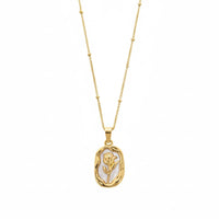 18K Gold Plated Rose Engraved Mother of Pearl Pendant Necklace - RACHIVA