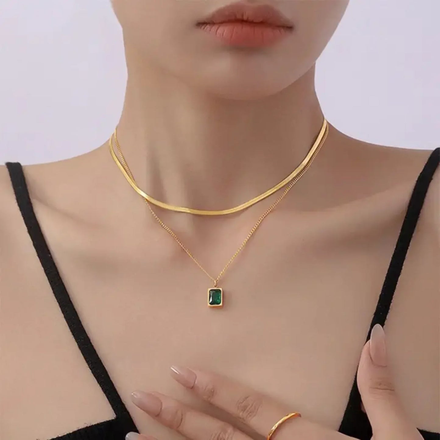 18K Gold Plated Green Rectangular Zircon Necklace - RACHIVA