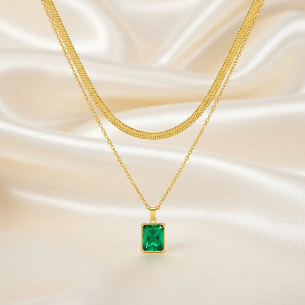 18K Gold Plated Green Rectangular Zircon Necklace