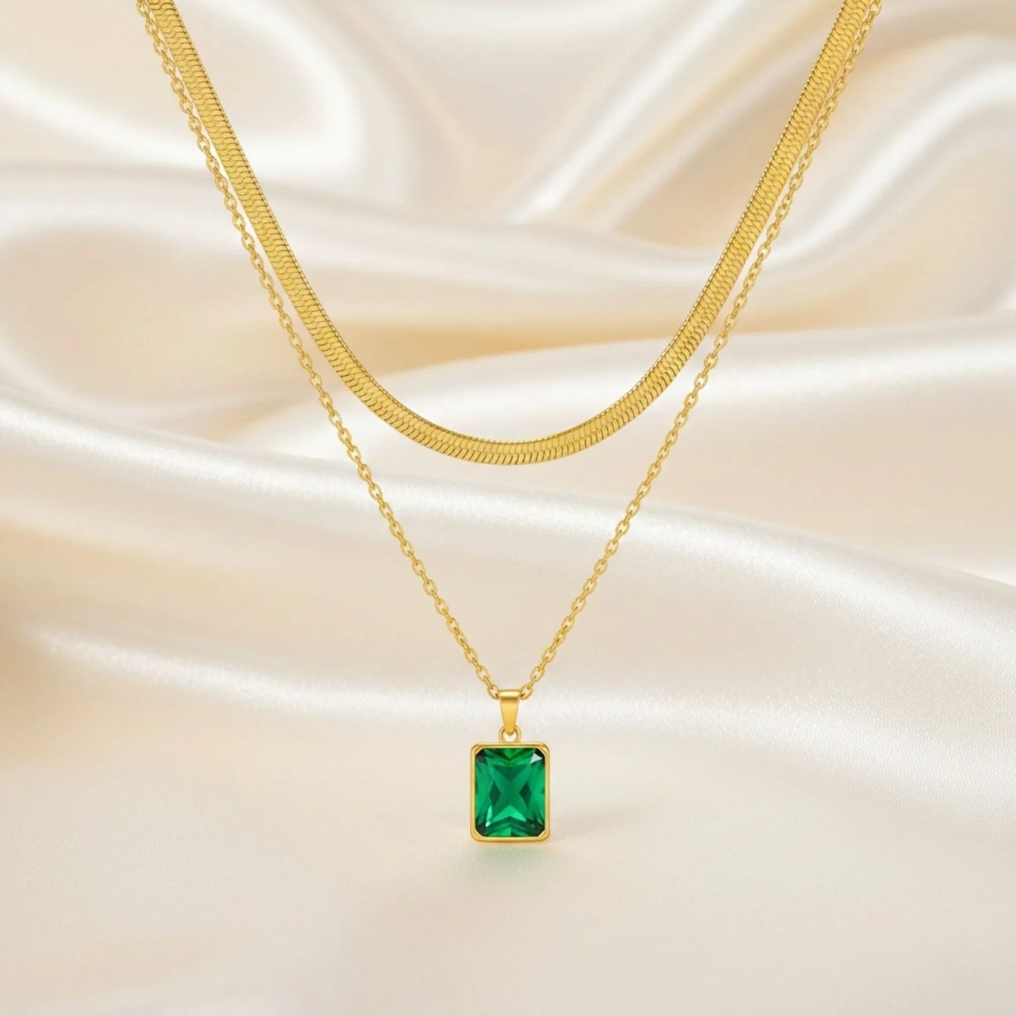 18K Gold Plated Green Rectangular Zircon Necklace - RACHIVA