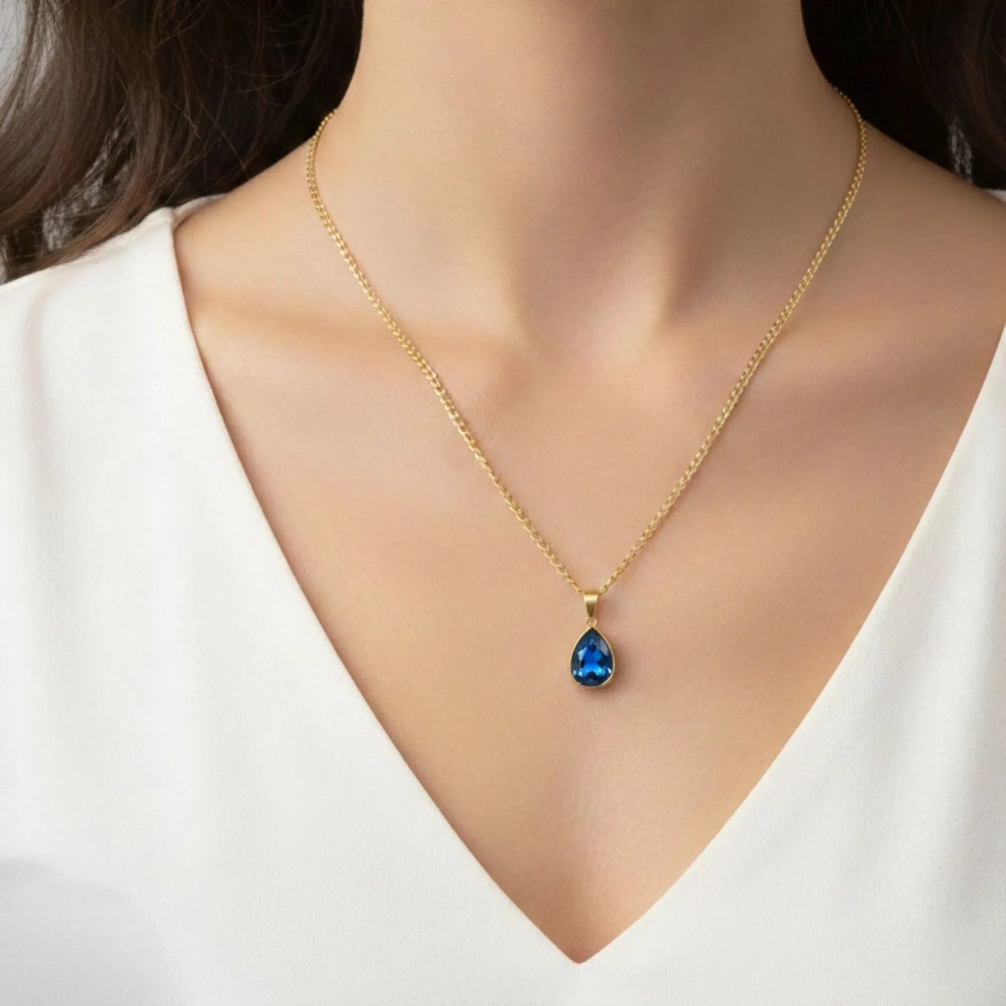 18K Gold Plated Blue Zircon Teardrop Pendant Necklace - RACHIVA