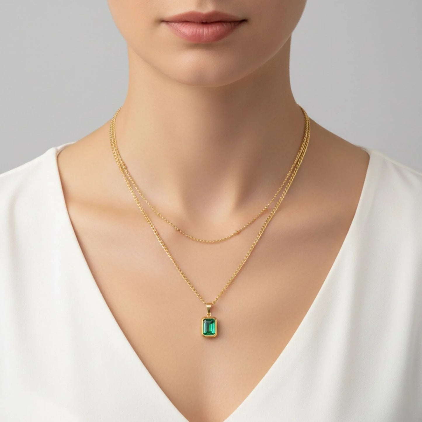 18K Gold Plated Emerald Zircon Rectangle Pendant Layered Necklace - RACHIVA
