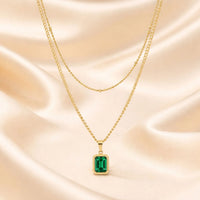 18K Gold Plated Emerald Zircon Rectangle Pendant Layered Necklace - RACHIVA