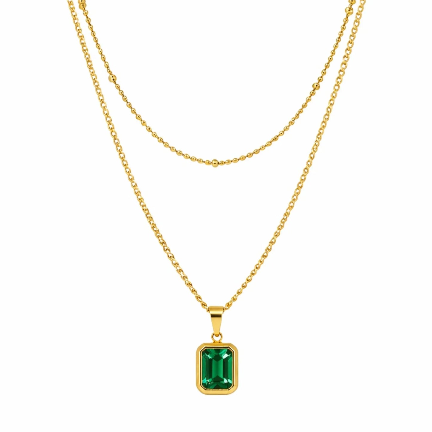 18K Gold Plated Emerald Zircon Rectangle Pendant Layered Necklace - RACHIVA