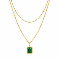 18K Gold Plated Emerald Zircon Rectangle Pendant Layered Necklace - RACHIVA