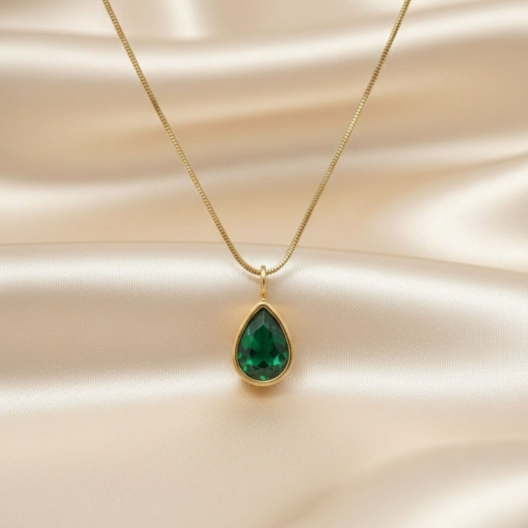 18K Gold Plated Emerald Green Pear Zircon Pendant Necklace