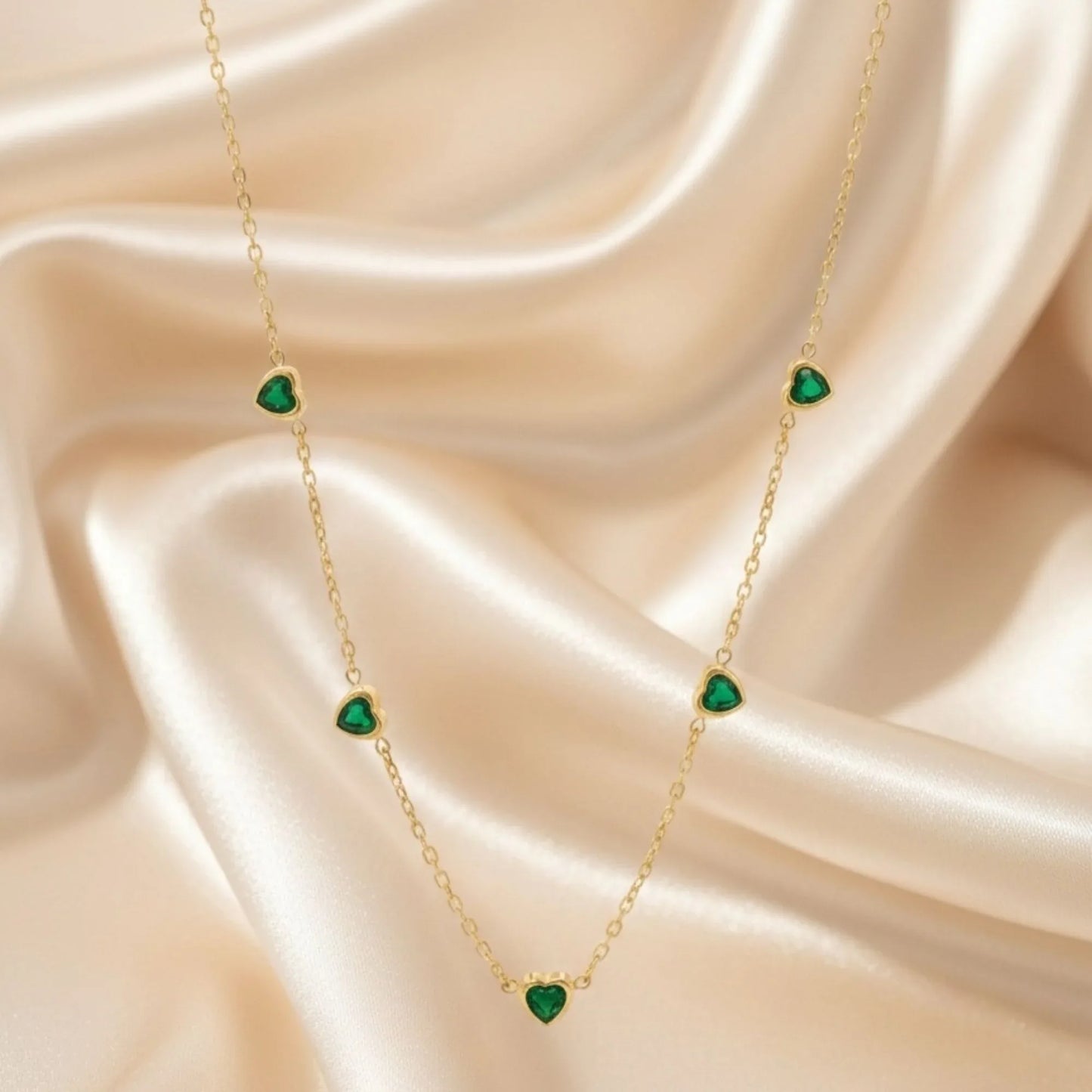 18K Gold Plated Multi Green Heart Zircon Station Necklace - RACHIVA