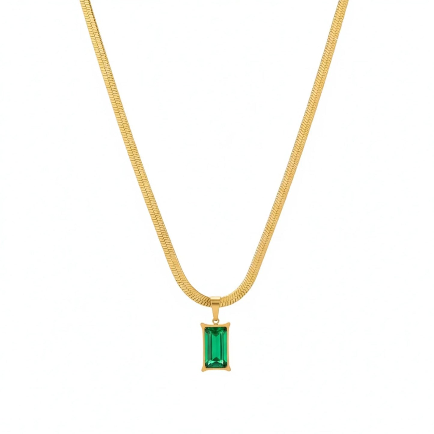 18K Gold Plated Emerald Baguette Pendant Herringbone Necklace - RACHIVA