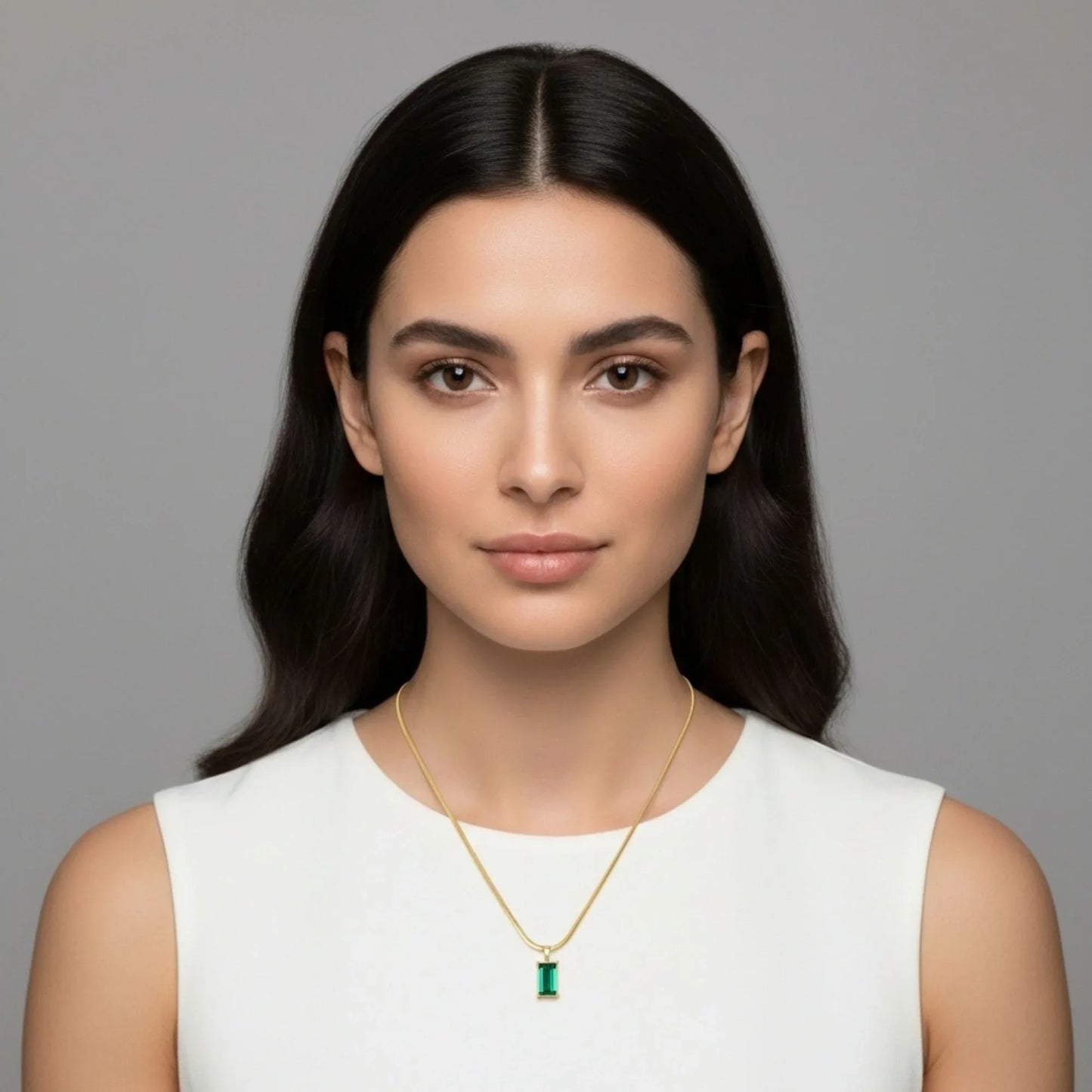 18K Gold Plated Emerald Baguette Pendant Herringbone Necklace - RACHIVA