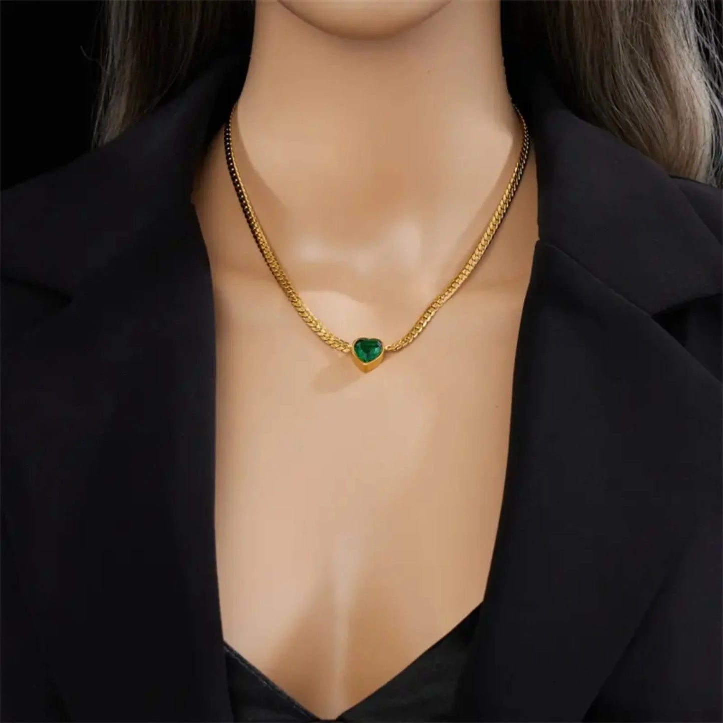 18K Gold Plated Emerald Heart Cuban Chain Necklace - RACHIVA