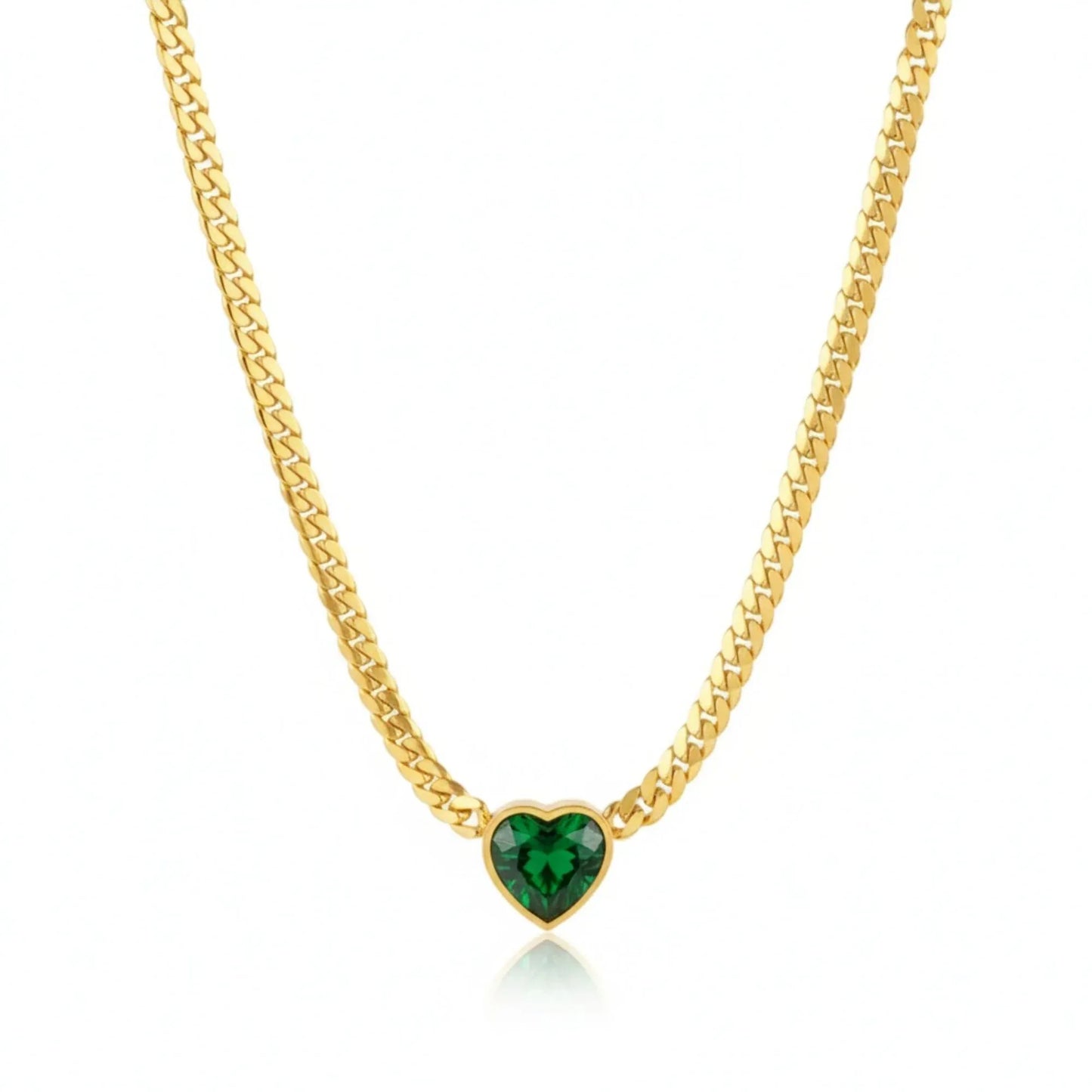 18K Gold Plated Emerald Heart Cuban Chain Necklace - RACHIVA