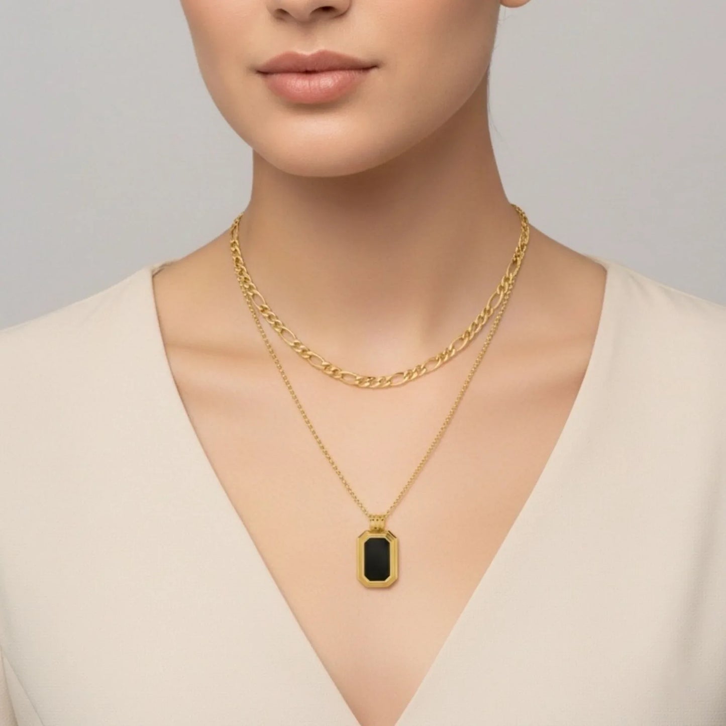 18K Gold Plated Black Octagon Pendant Layered Necklace - RACHIVA