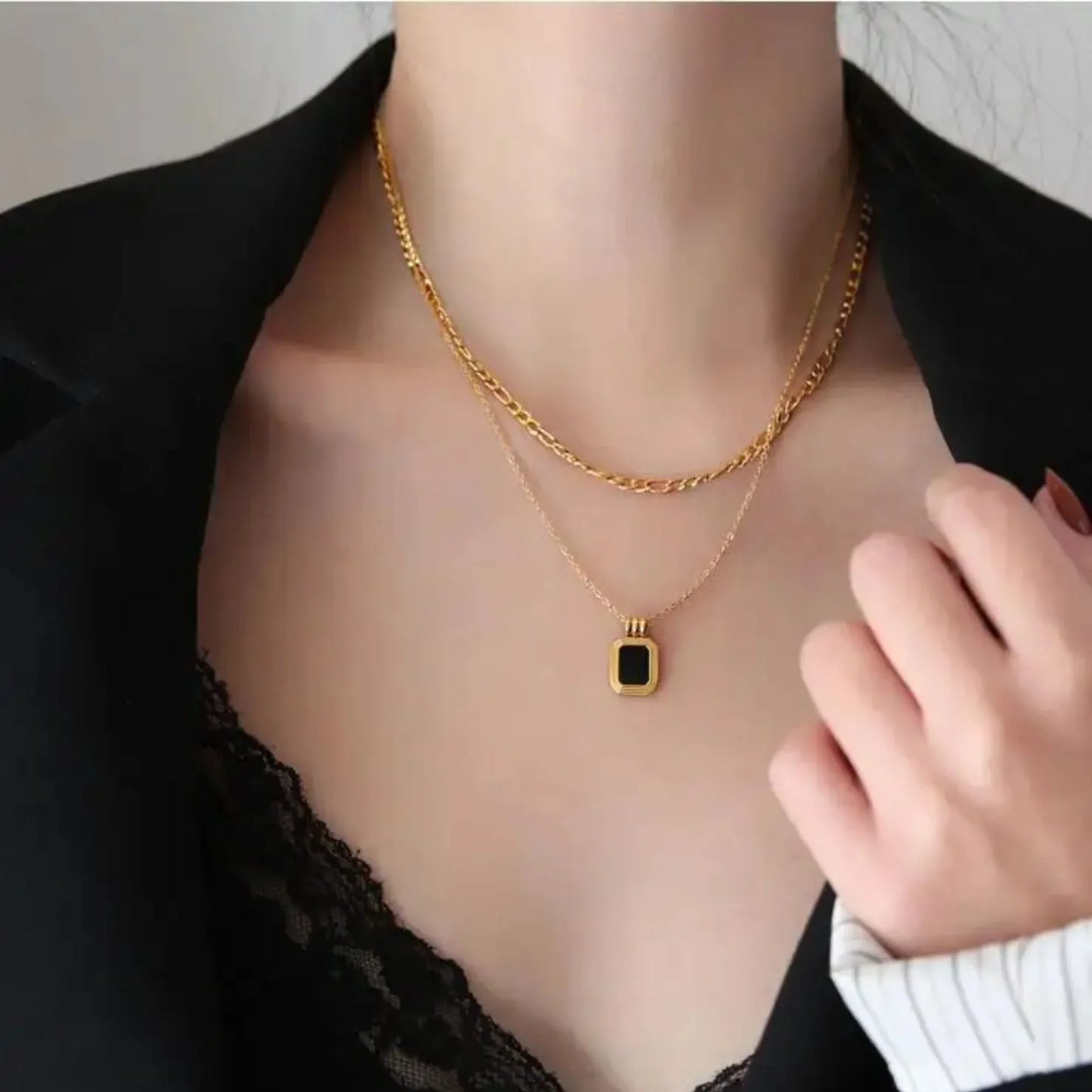 18K Gold Plated Black Octagon Pendant Layered Necklace - RACHIVA