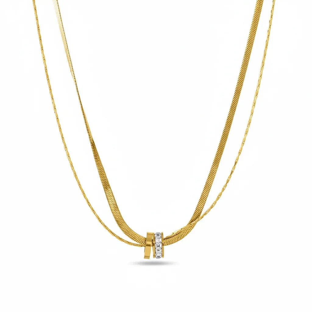 18K Gold Plated Layered Dual Chain Zircon Pendant Necklace - RACHIVA