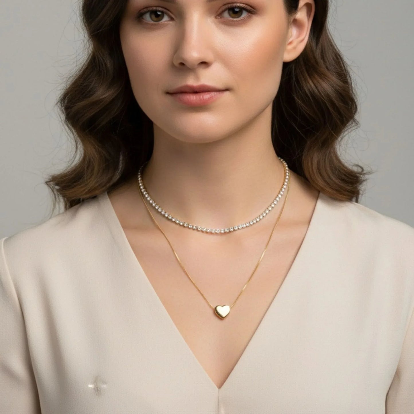 18K Gold Plated Layered Heart & Zircon Tennis Necklace - RACHIVA