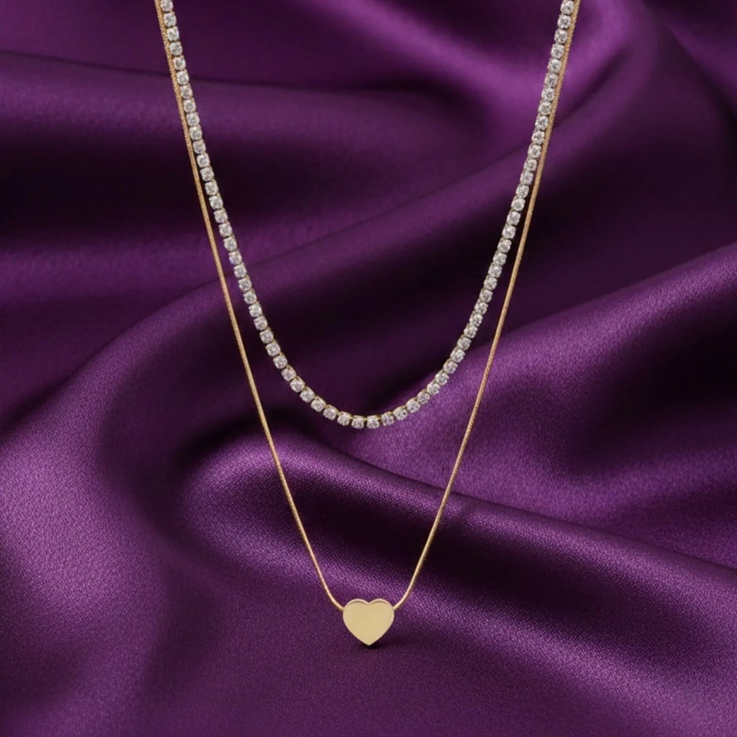 18K Gold Plated Layered Heart & Zircon Tennis Necklace - RACHIVA