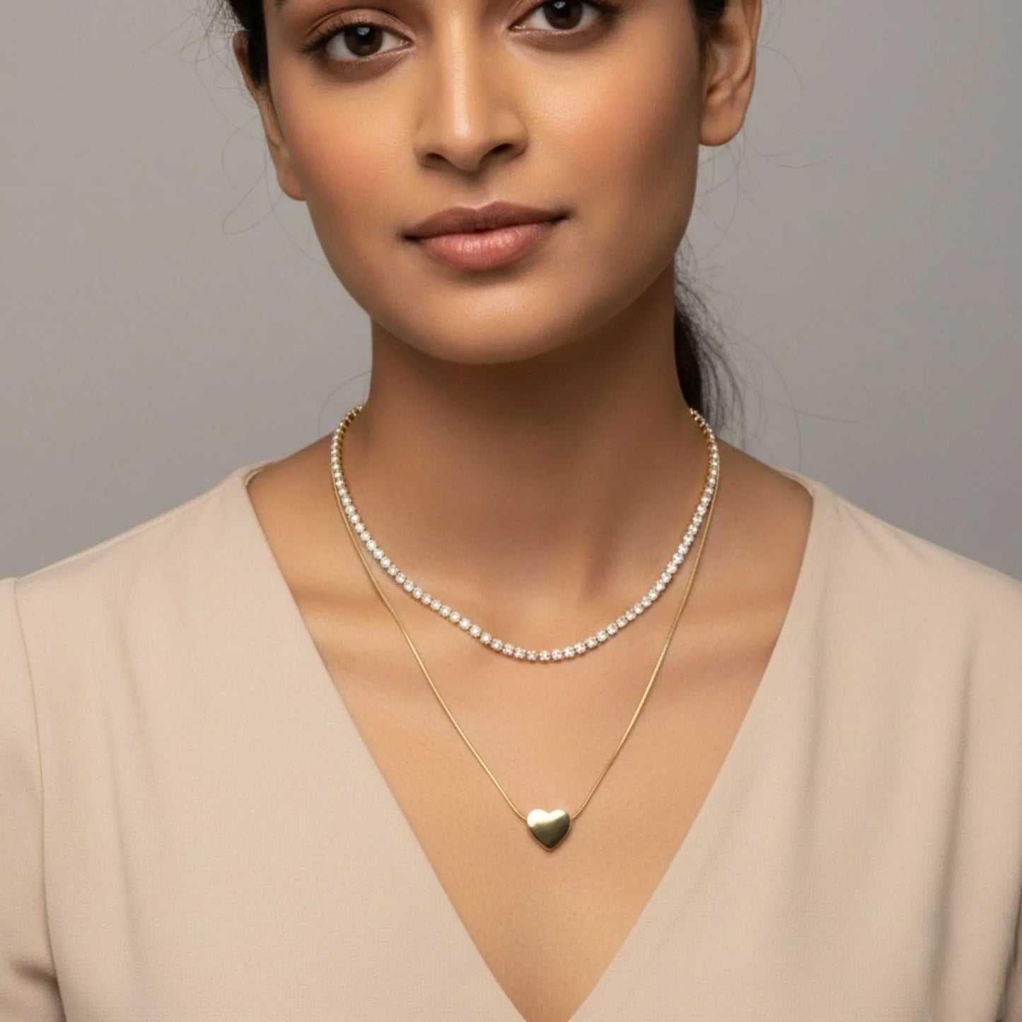 18K Gold Plated Layered Heart & Zircon Tennis Necklace - RACHIVA