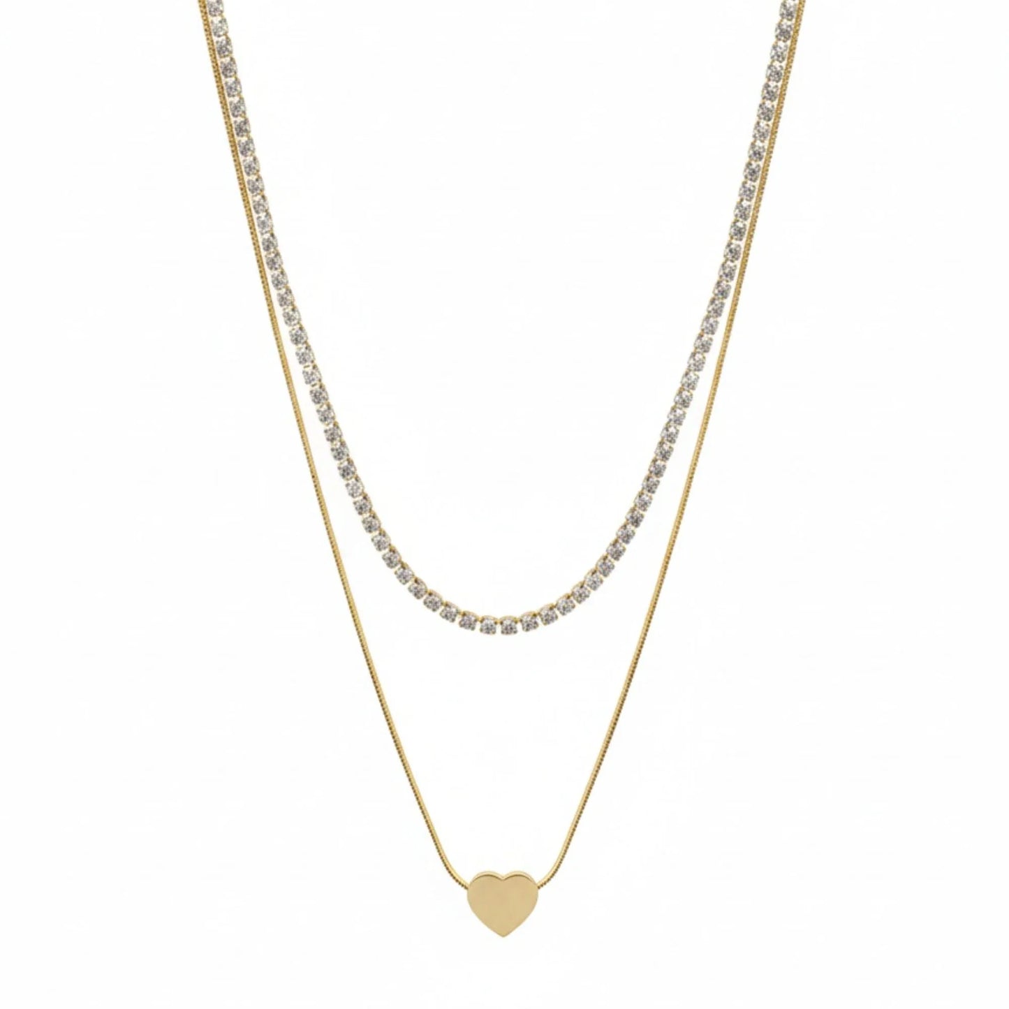 18K Gold Plated Layered Heart & Zircon Tennis Necklace - RACHIVA