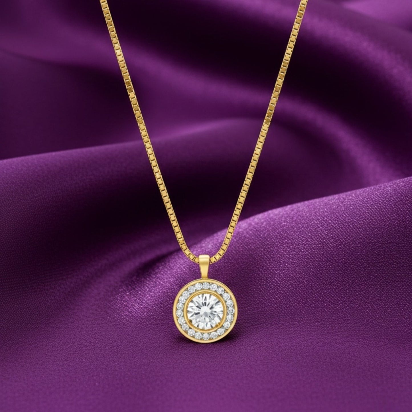 18K Gold Plated Round Halo Zircon Pendant Necklace
