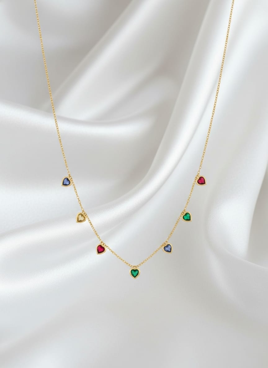 18K Gold Plated Multi Colour Heart Charm Necklace