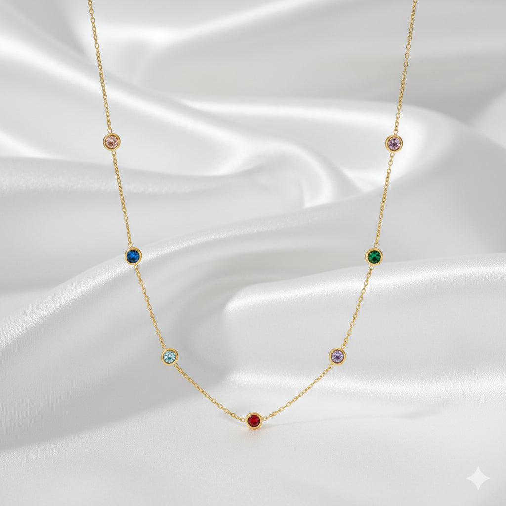 18K Gold Plated Multi Colour Bezel Zircon Station Necklace