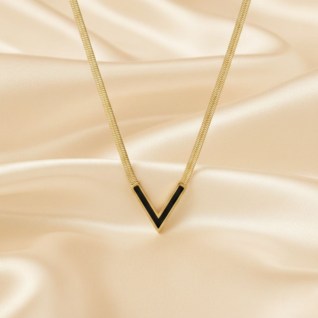 18K Gold Plated V Shape Black Accent Herringbone Necklace