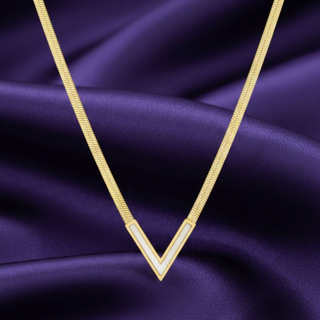 18K Gold Plated V Shape White Accent Herringbone Necklace