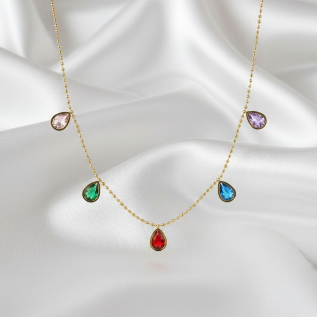 18K Gold Plated Multicolour Teardrop Zircon Necklace
