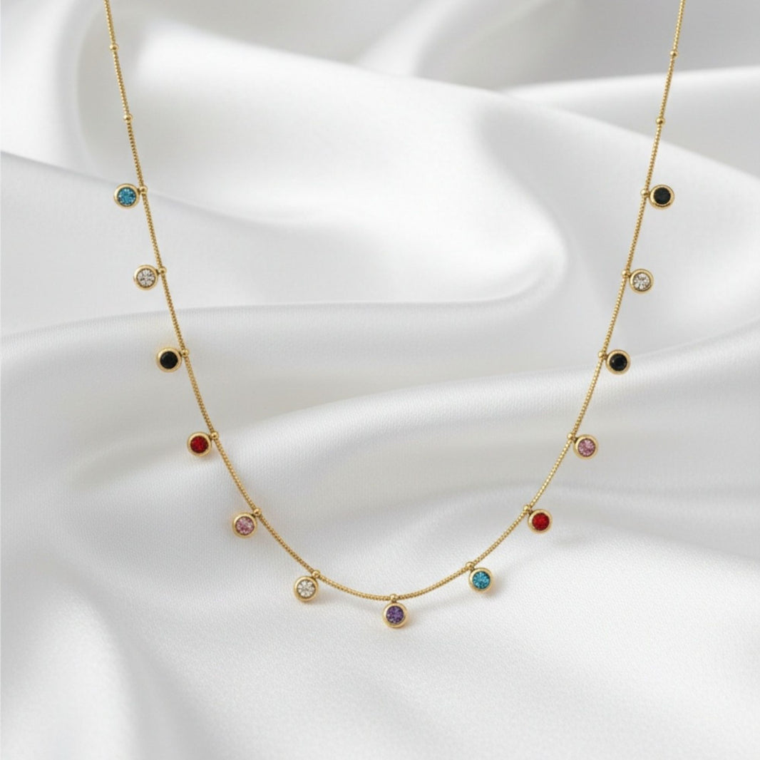18K Gold Plated Multicolour Bezel Zircon Station Necklace