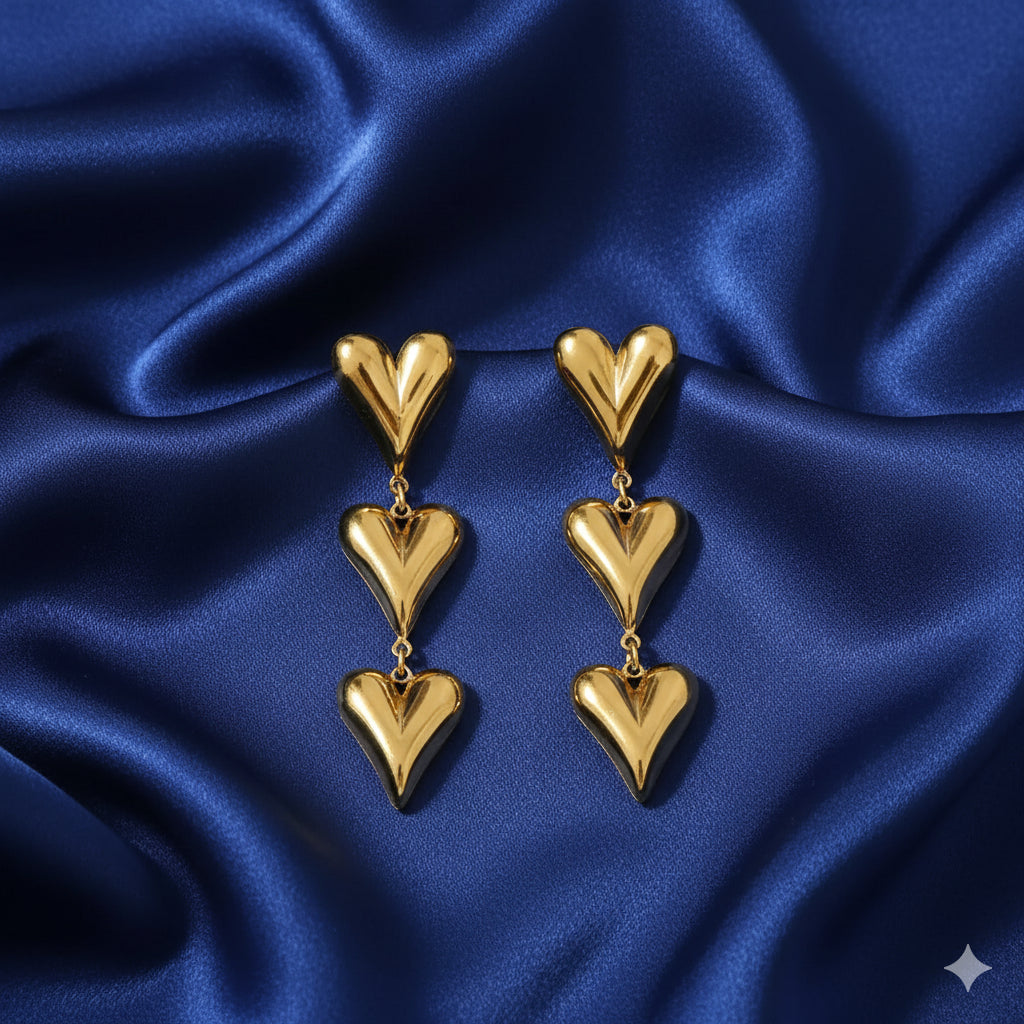 18K Gold Plated Triple Heart Drop Earrings