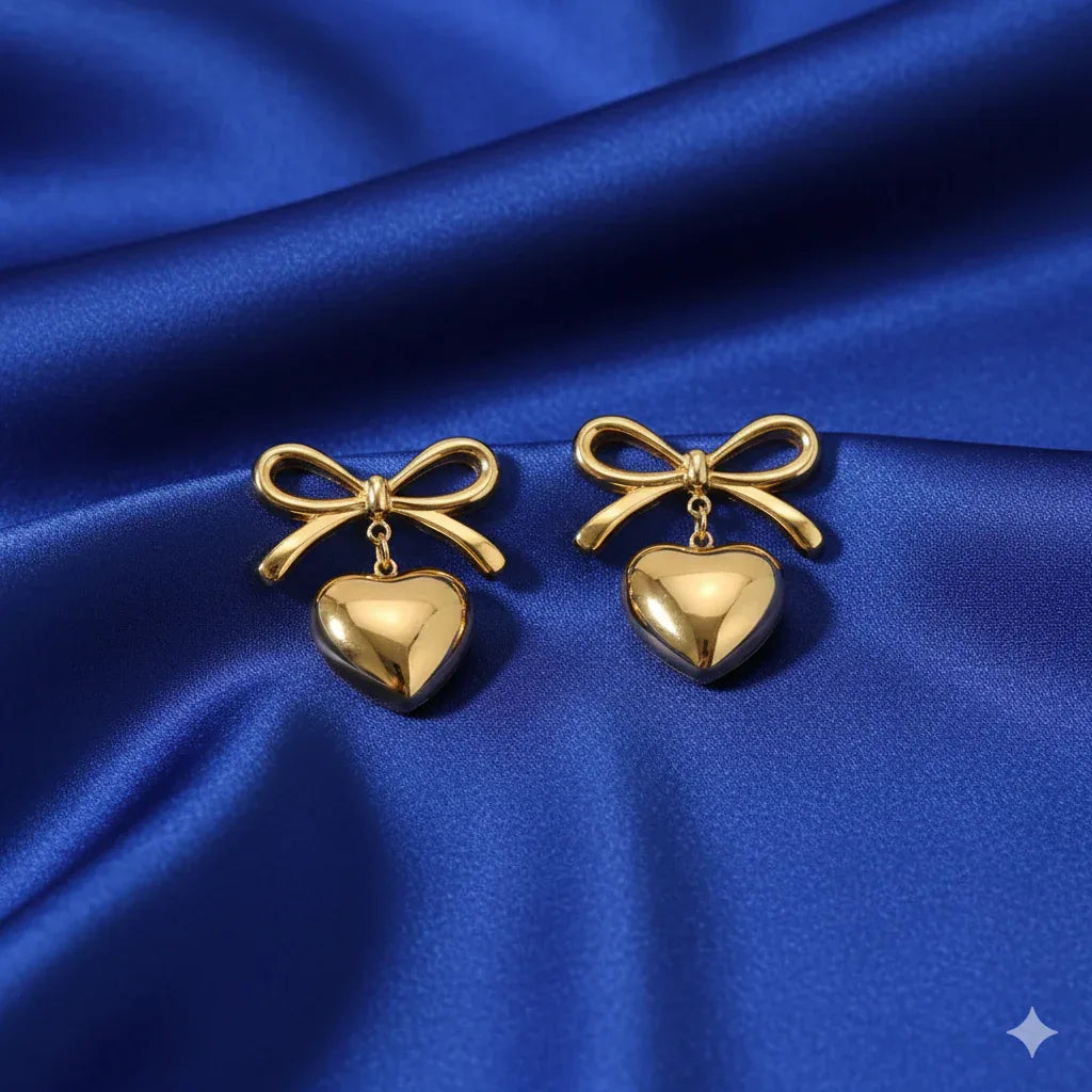 18K Gold Plated Heart Bow Drop Earrings - RACHIVA