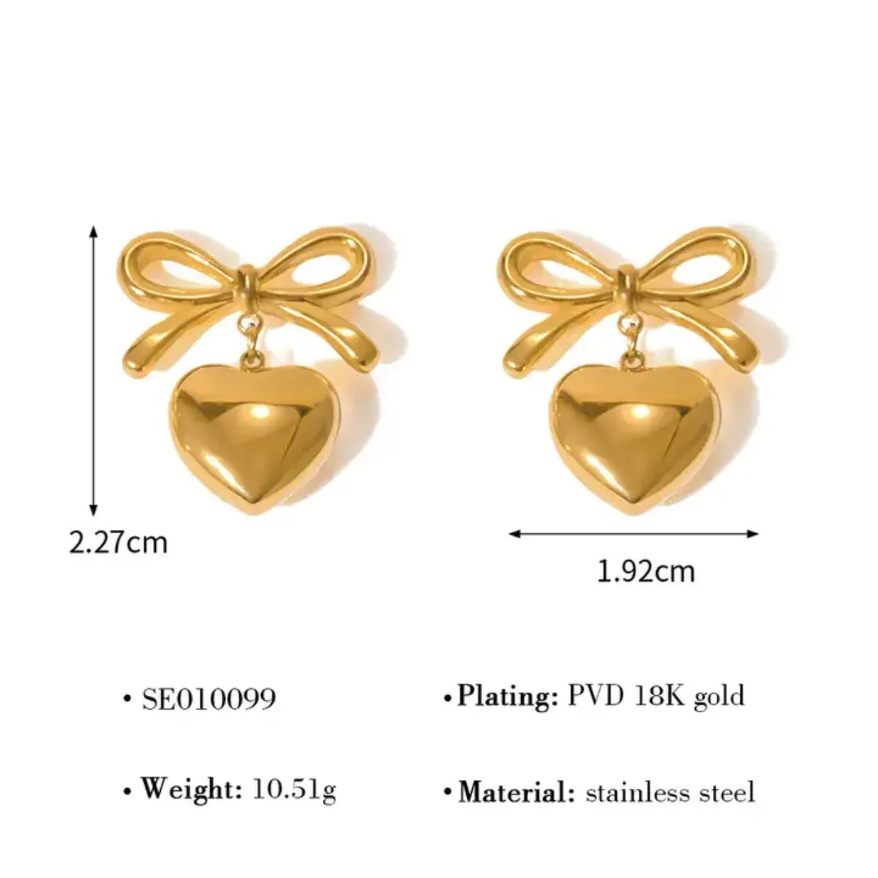 18K Gold Plated Heart Bow Drop Earrings - RACHIVA