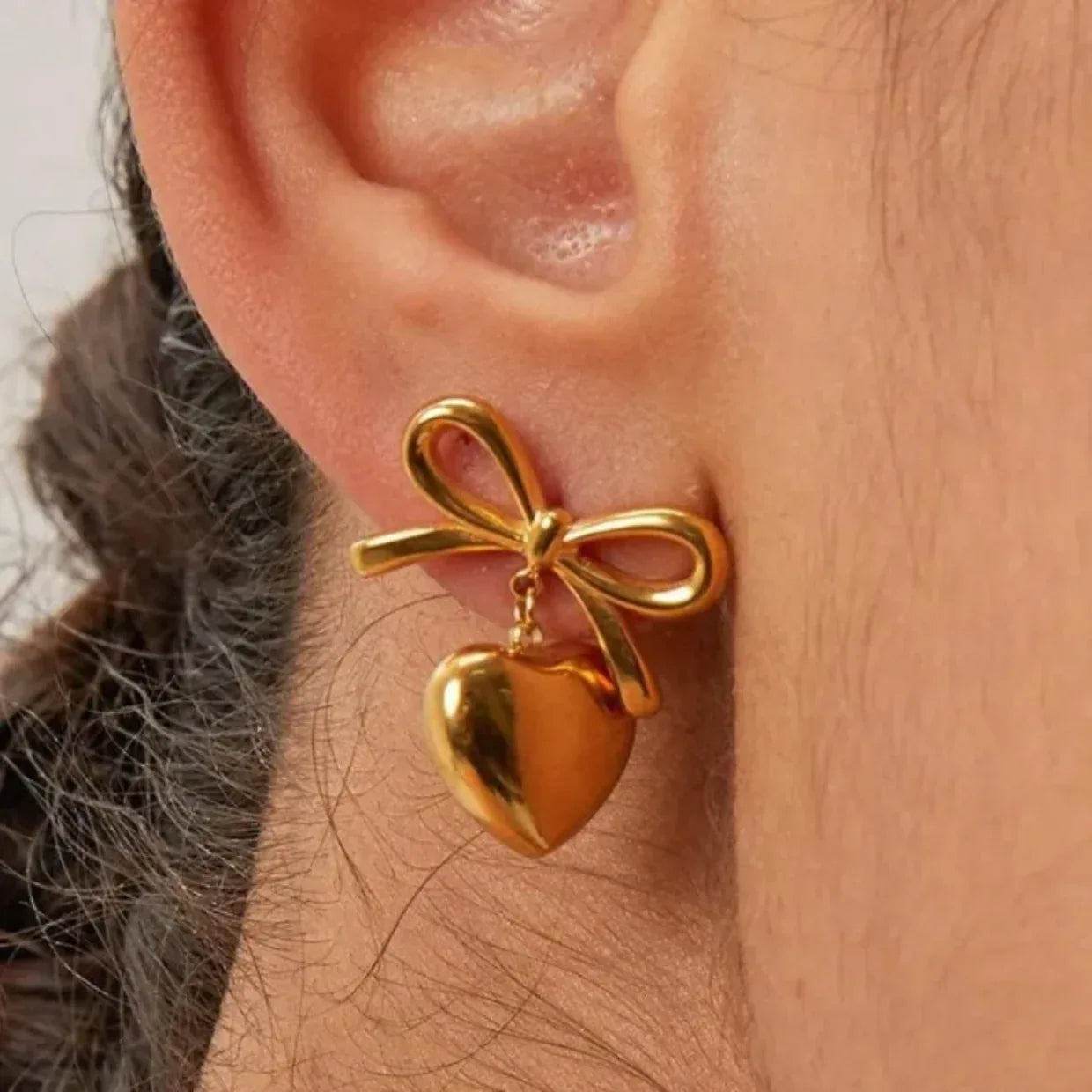 18K Gold Plated Heart Bow Drop Earrings - RACHIVA