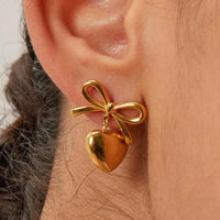 18K Gold Plated Heart Bow Drop Earrings - RACHIVA