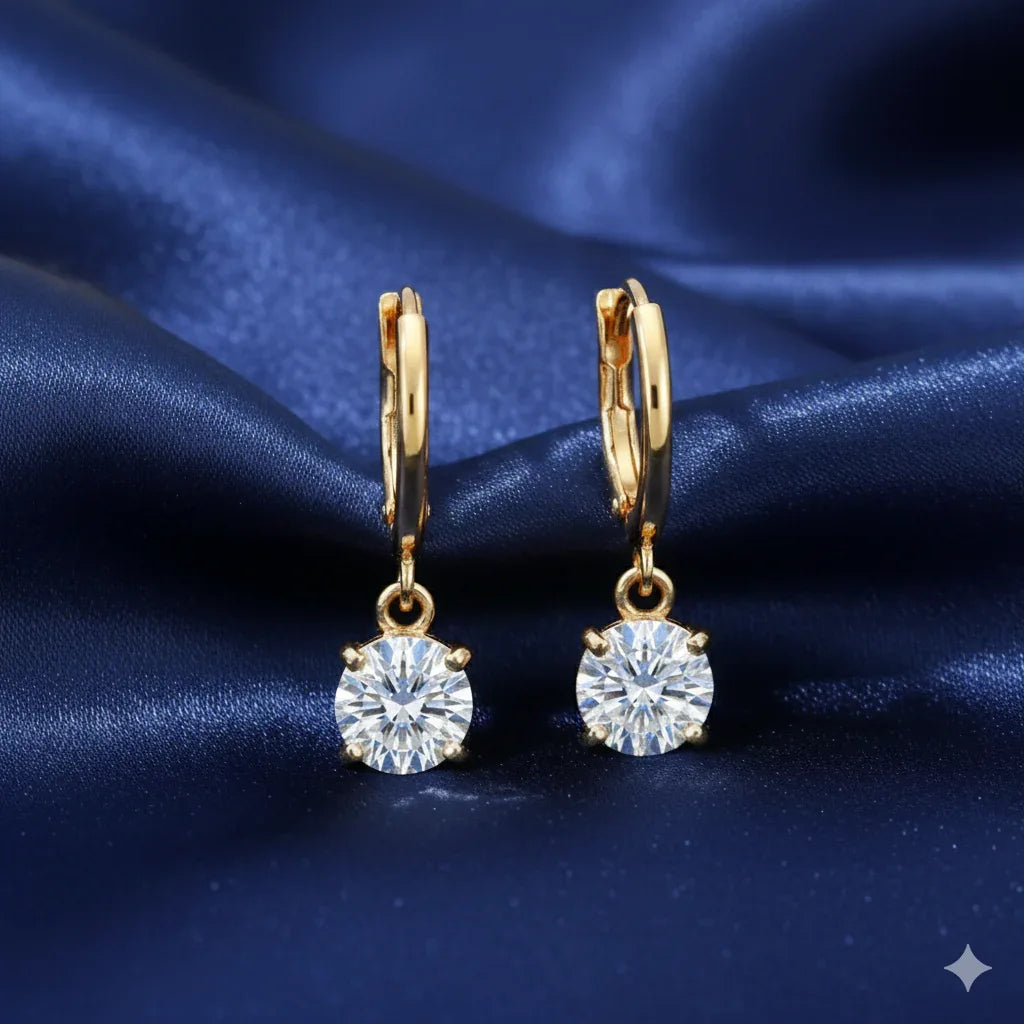 18K Gold Plated Round Solitaire Drop Hoop Earrings - RACHIVA