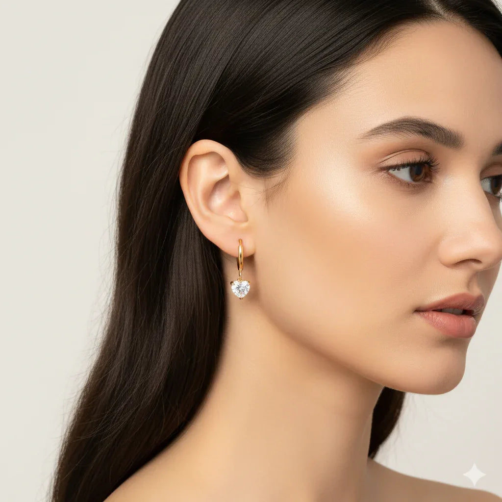 18K Gold Plated Heart Zircon Drop Hoop Earrings - RACHIVA