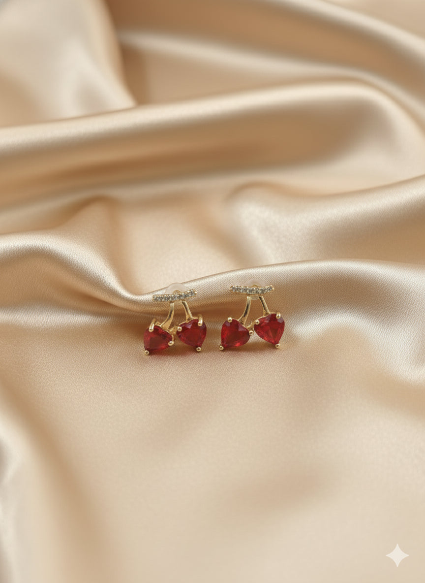 18K Gold Plated Ruby Heart Cherry Stud Earrings