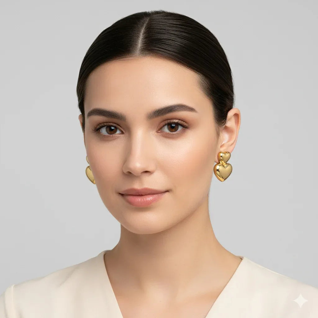18K Gold Plated Double Heart Stud Earrings - RACHIVA