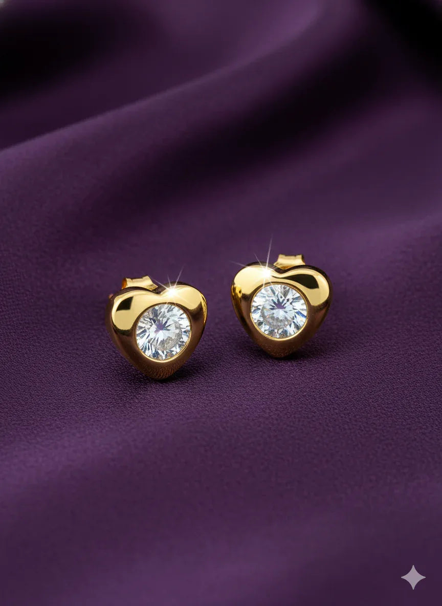 18K Gold Plated Heart Zircon Solitaire Stud Earrings - RACHIVA