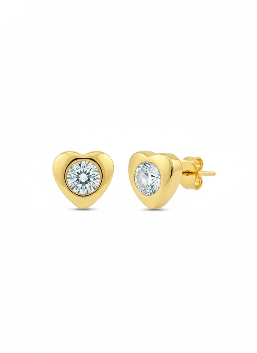 18K Gold Plated Heart Zircon Solitaire Stud Earrings - RACHIVA