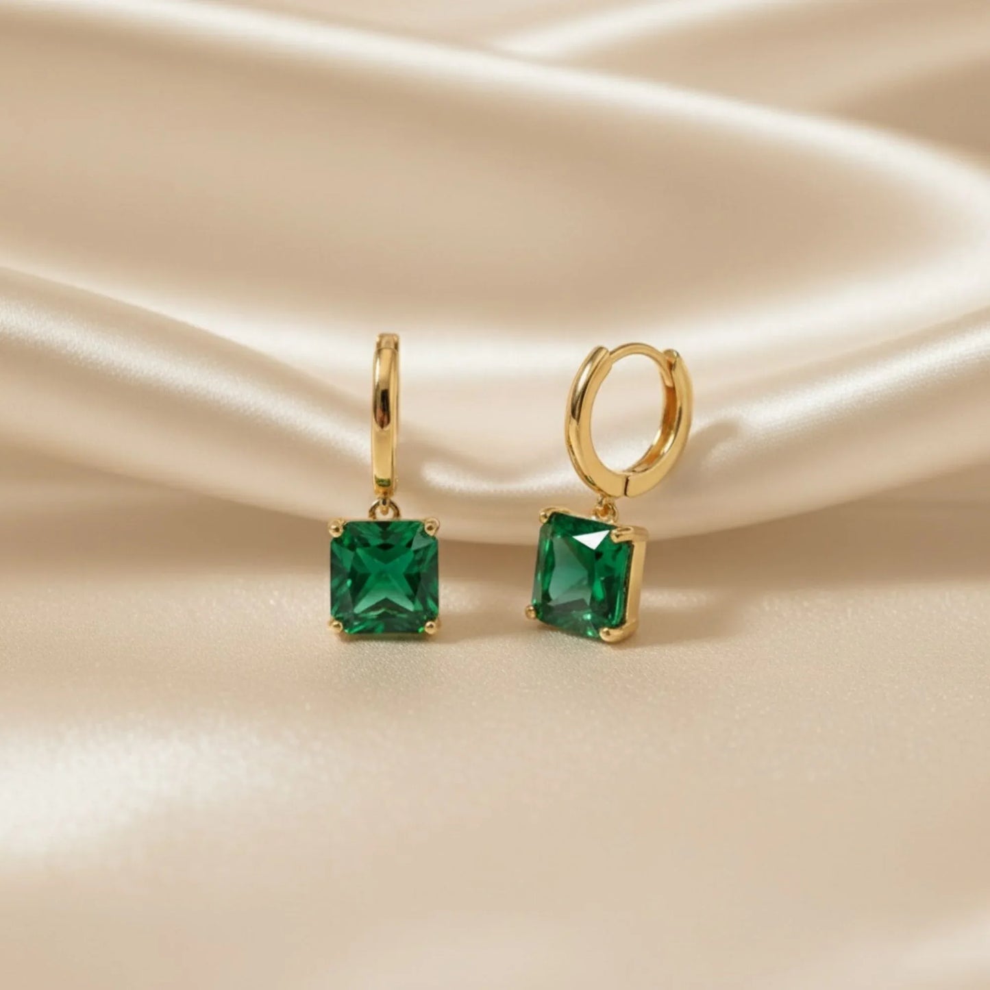 18K Gold Plated Emerald-Cut Green Zircon Hoop Drop Earrings - RACHIVA