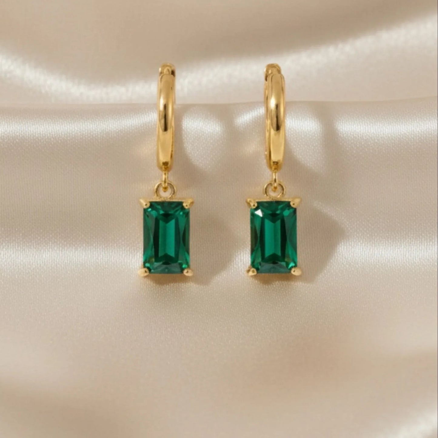 18K Gold Plated Emerald-Cut Green Zircon Rectangle Drop Hoop Earrings - RACHIVA
