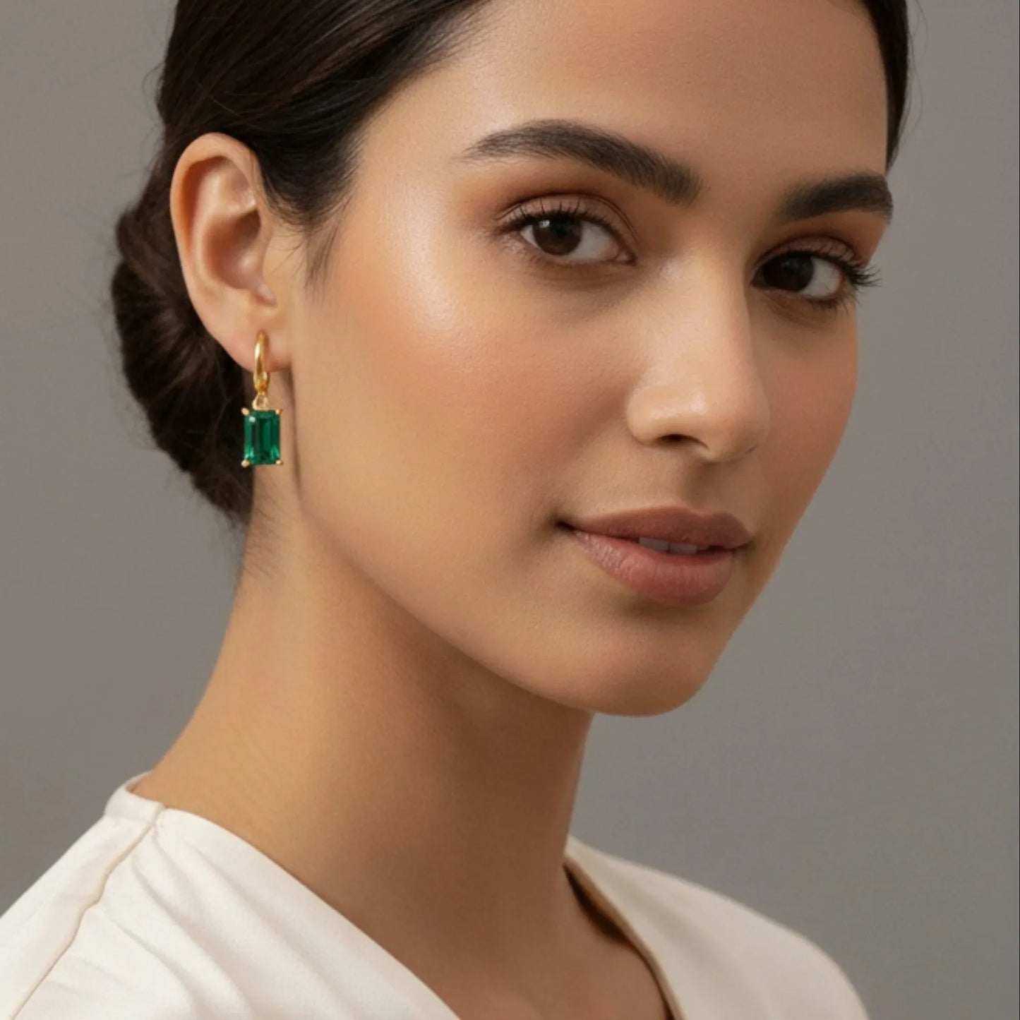 18K Gold Plated Emerald-Cut Green Zircon Rectangle Drop Hoop Earrings - RACHIVA