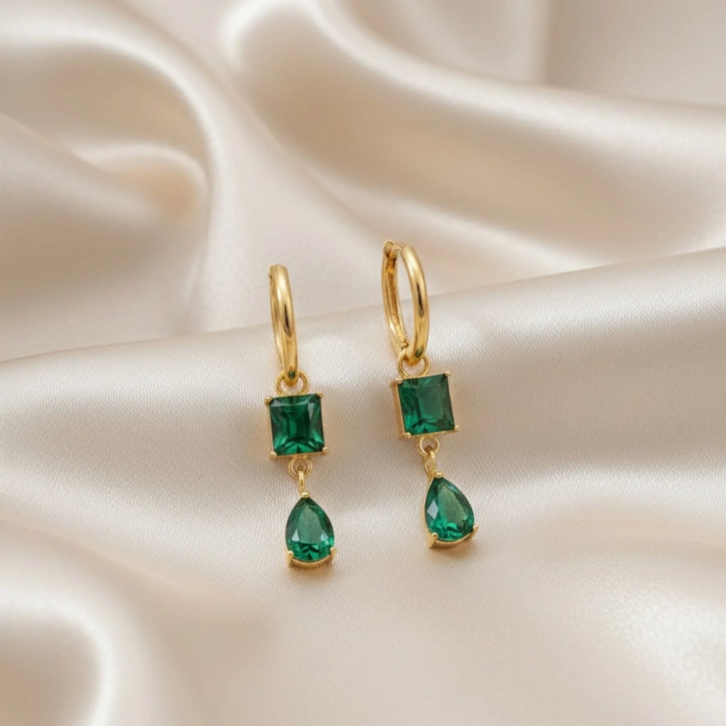 18K Gold Plated Green Zircon Square and Pear Double Drop Earrings - RACHIVA