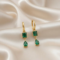 18K Gold Plated Green Zircon Square and Pear Double Drop Earrings - RACHIVA